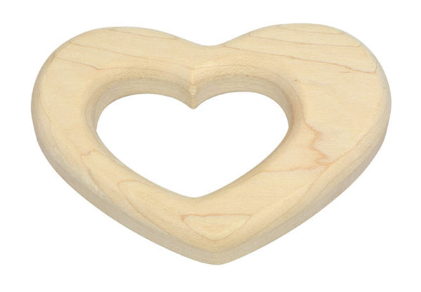 These teethers are the perfect answer to concerns over toxic chemicals and finishes.   This maple teether is in the shape of heart. Measuring 4" in diameter and 3/4" thick and are only available unfinished.  Each is rounded and sanded smooth to the touch and to the mouth and gums. Large enough for babies to get their hands and arms around and small enough to be comfortable in the mouth.